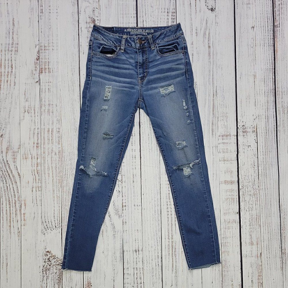 American Eagle Women's Size 6 Hi-Rise Jegging Distressed Dark Wash Skinny Jeans